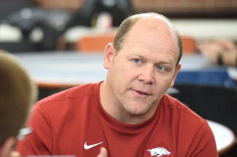 Barry Odom, an assistant coach with the University of Arkansas football team, speaks with members of the media Thursday, February 6, 2020, inside the Fred W. Smith Football Center on the campus in Fayetteville. 