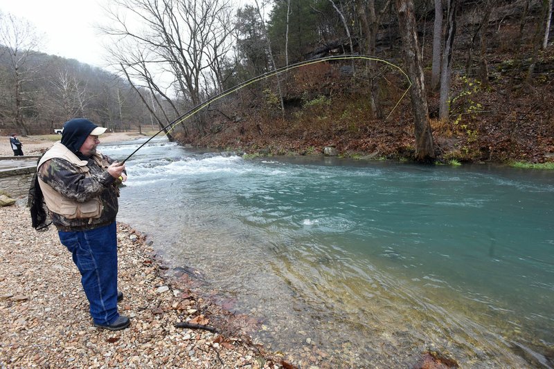 An angler fights a rainbow trout in December 2019 during catch and release fly fishing season at Roaring River State Park. The season ended Monday, but catch and keep season begins March 1. (NWA Democrat-Gazette/Flip Putthoff)