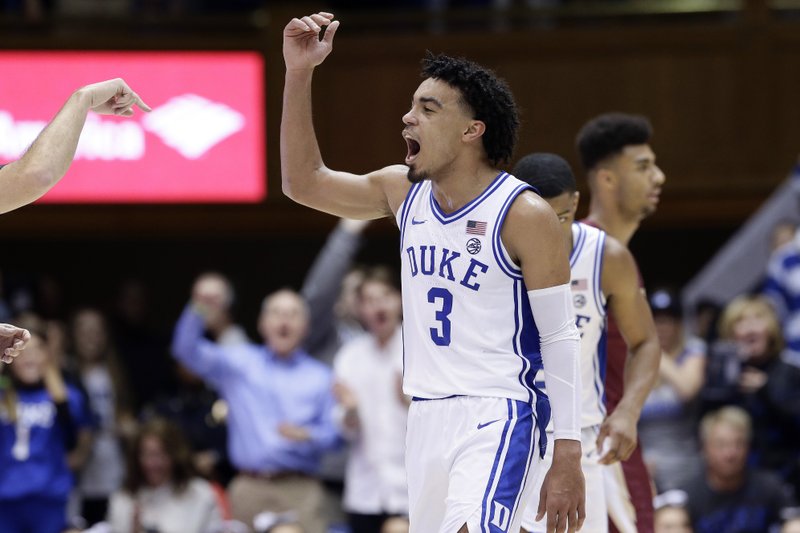 Duke guard Tre Jones (3) reacts following a basket against Florida State during the second half of an NCAA college basketball game in Durham, N.C., Monday, Feb. 10, 2020. (AP Photo/Gerry Broome)