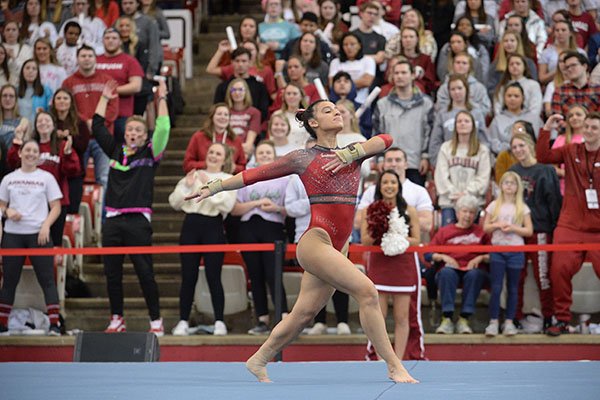 Arkansas' Sophia Carter competes Friday, Feb. 7, 2020, in the portion of the Razorbacks' meet with Georgia in Barnhill Arena in Fayetteville.