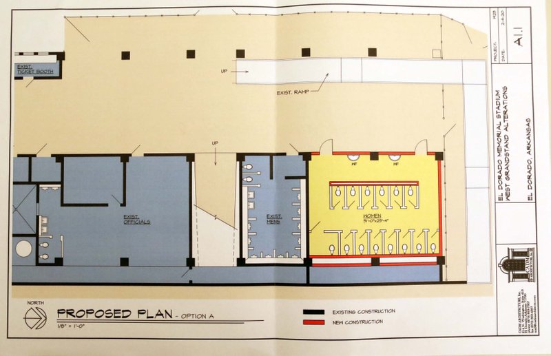 An image of the proposed women's restroom plan on the grandstand side of Memorial Stadium. The El Dorado School Board approved the plan during its Feb. 10 meeting and will accept bids in May.