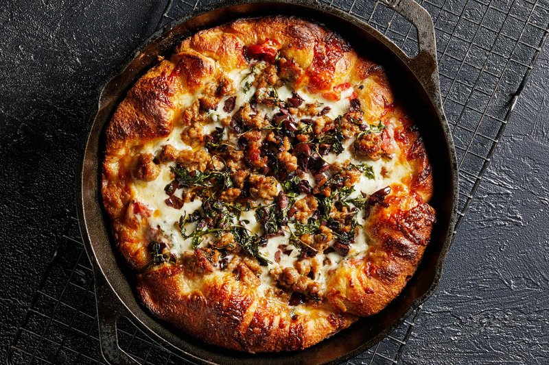 Italian Sausage and Kalamata Olive Cast Iron Skillet Pizza (For The Washington Post/Tom McCorkle)