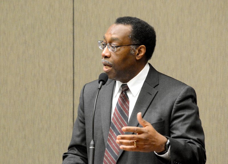 Janelle Jessen/Siloam Sunday Chief Judge Lavenski Smith speaks at John Brown University on Tuesday evening. story.lead_photo.caption