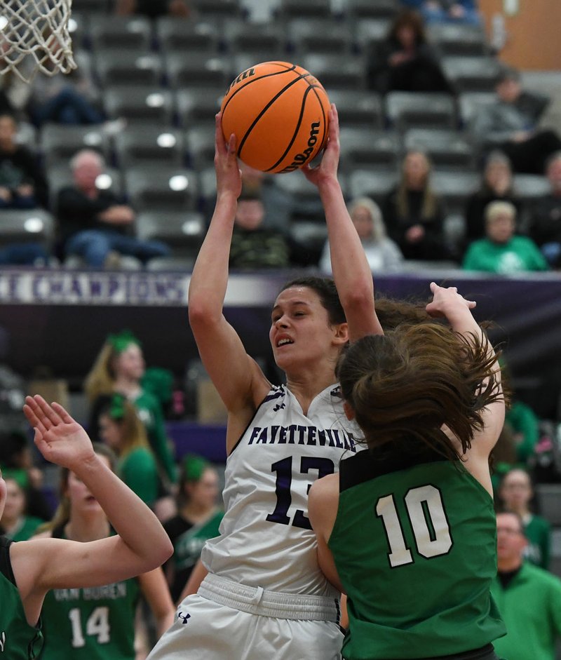 Fayetteville's Sasha Goforth comes down with a rebound in front of Van Buren's Lexi Miller Tuesday Feb. 11, 2020. More images at nwaonline.com/prepbball/(NWA Democrat-Gazette/J.T. Wampler)