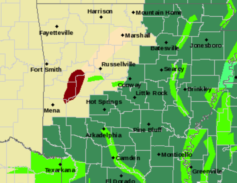 This National Weather Service graphic shows portions of southwest Arkansas under a flood warning Wednesday morning and much of the rest of the state under a flash flood watch. 