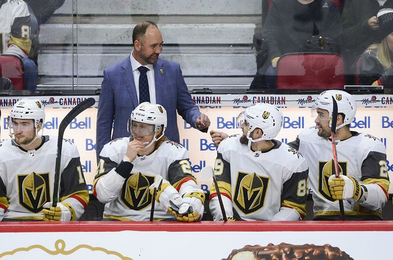 Vegas Golden Knights Coach Peter DeBoer encourages his players from behind the bench during a recent game.
(AP/The Canadian Press/Sean Kilpatrick)