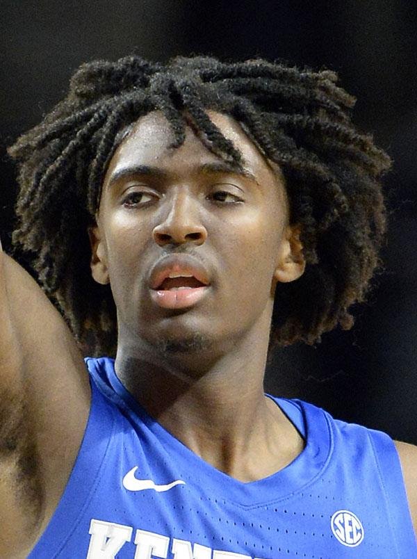 Kentucky guard Tyrese Maxey (3) gestures after scoring against Vanderbilt during the second half of an NCAA college basketball game Tuesday, Feb. 11, 2020, in Nashville, Tenn. Kentucky won 78-64. (AP Photo/Mark Zaleski)