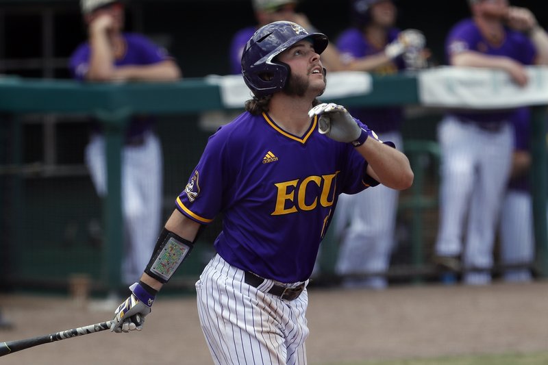 East Carolina's Alec Burleson hits a home run during a March 31, 2019, game against South Florida in Tampa, Fla. Burleson could be the best two-way player in the country as the Pirates' starting right fielder and closer. Last season he batted .370 with nine home runs and 61 RBI and posted a 6-2 record and five saves with 68 strikeouts in 60-plus innings. - Photo by Mark LoMoglio of The Associated Press