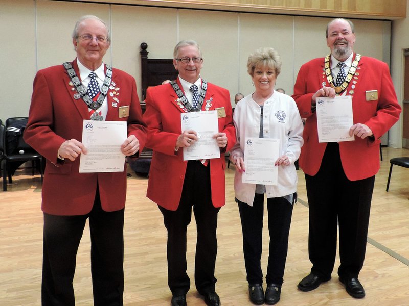 Elks Lodge 380 recently presented awards from the Grand Exalted Ruler to four members of the lodge for outstanding recruitment of new members. From left are PER David Ross, PER Roy Frazier, Sharon Kelsay, and ER Bill Sams. - Submitted photo