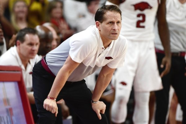 Arkansas coach Eric Musselman reacts after a call against Kentucky during the second half of an NCAA college basketball game, Saturday, Jan. 18, 2020, in Fayetteville, Arkansas. (AP Photo/Michael Woods)