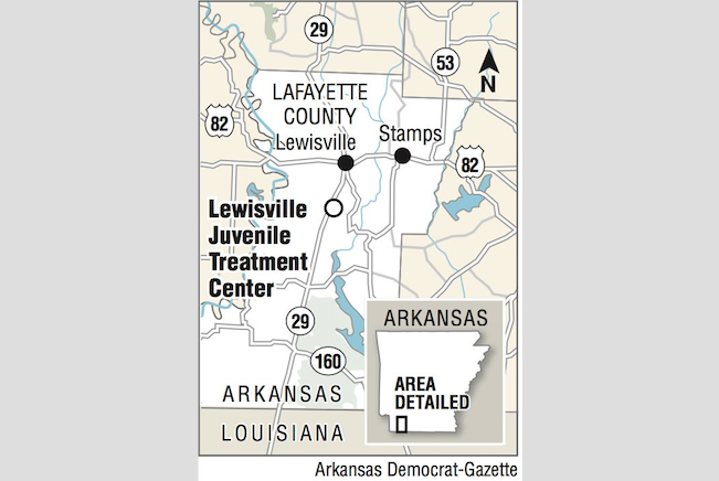 A map showing the location of the Lewisville Juvenile Treatment Center.