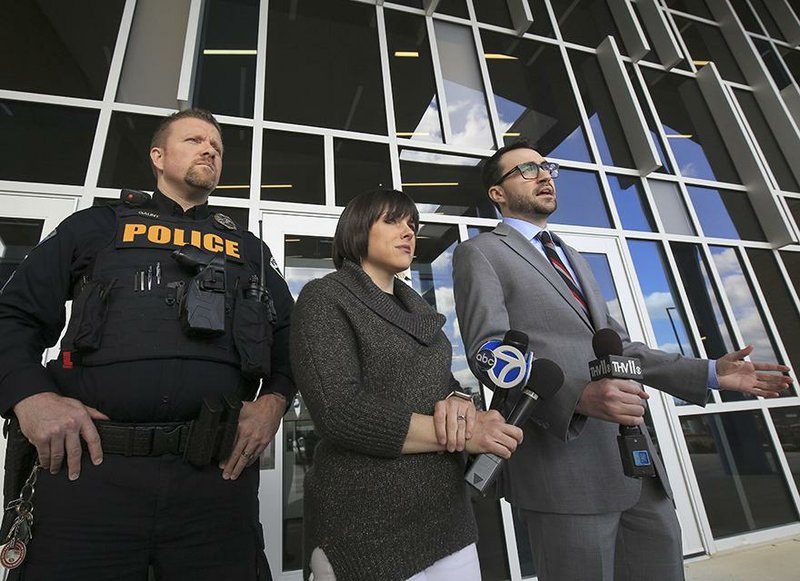 Sherwood Police Sgt. Tyler Grant (from left), Pulaski County Special School District Executive Director of Communications Jessica Duff and FBI Public Affairs Officer Connor Hagan answer questions Thursday at Sylvan Hills High School in Sherwood about threats that prompted the closure of the campus.
(Arkansas Democrat-Gazette/Staton Breidenthal)