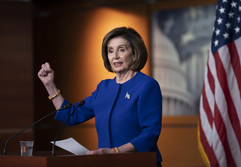Speaker of the House Nancy Pelosi, D-Calif., talks to reporters just before the House vote to remove the deadline for ratification of the Equal Rights Amendment, on Capitol Hill in Washington, Thursday, Feb. 13, 2020. (AP Photo/J. Scott Applewhite)