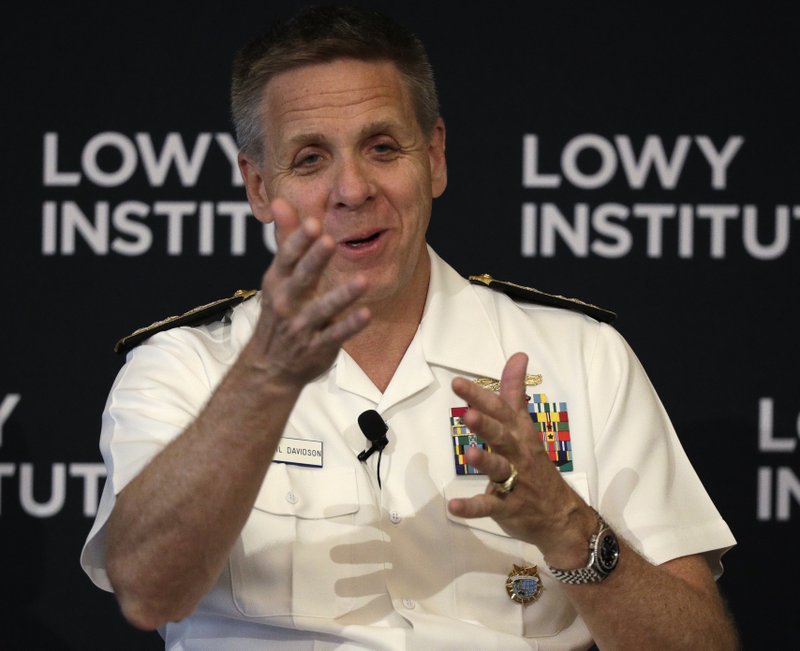 Adm. Philip S. Davidson, commander of the U.S. Indo-Pacific Command, speaks at the Lowy Institute in Sydney, Thursday, Feb. 13, 2020. Countries that established closer ties to China in expectation of economic growth and infrastructure development "often find themselves worse off in the end," Davidson said. (AP Photo/Rick Rycroft)