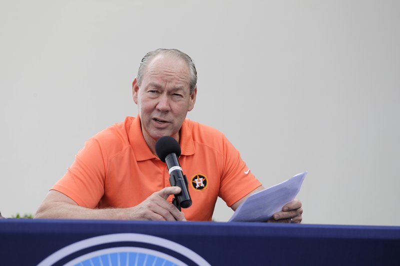 Houston Astros owner Jim Crane speaks during a news conference before the start of the first official spring training practice for the team Thursday in West Palm Beach, Fla. - Photo by Jeff Roberson of The Associated Press story.lead_photo.caption
