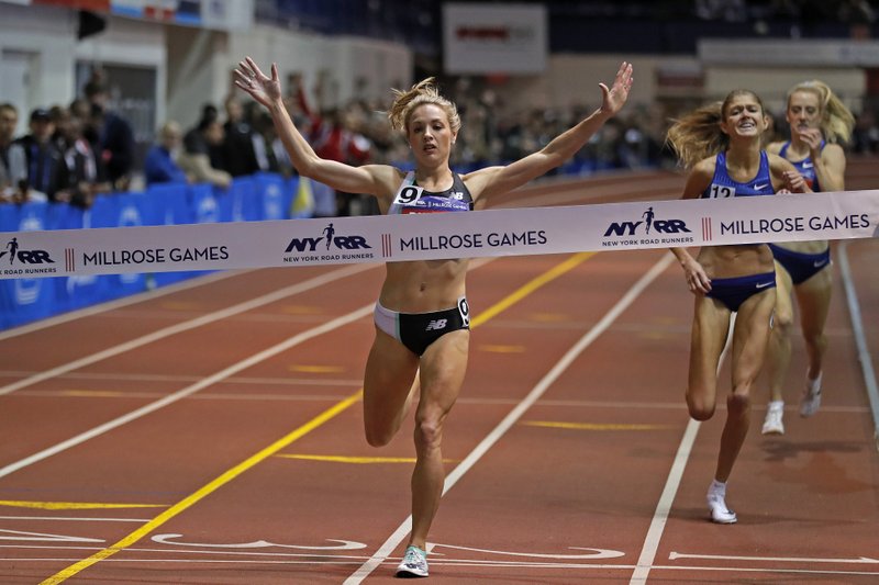 Elle Purrier reacts after winning the NYRR Wanamaker Mile at the Millrose Games track and field meet Saturday in New York. - Photo by Adam Hunger of The Associated Press story.lead_photo.caption