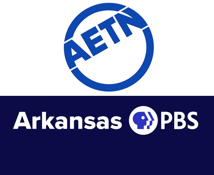 The old AETN logo sits atop the new Arkansas PBS logo that takes effect Feb. 28. 