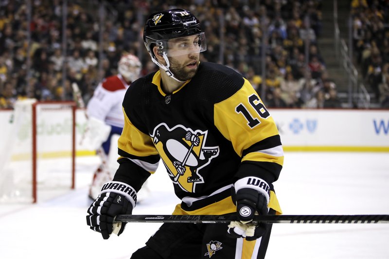 Pittsburgh Penguins' Jason Zucker skates during the second period of the team's Friday game against the Montreal Canadiens in Pittsburgh. The Penguins won 4-1, with Zucker getting his first goal with the Penguins since being acquired this week from the Minnesota Wild. - Photo by Gene J. Puskar of The Associated Press