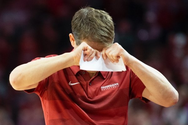 Arkansas coach Eric Musselman reacts to a play in the Razorbacks' game against Mississippi State in Bud Walton Arena in Fayetteville on February 15, 2020.