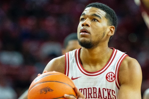 Arkansas junior Mason Jones takes a free throw against Mississippi at Bud Walton Arena in Fayetteville on February 15, 2020.