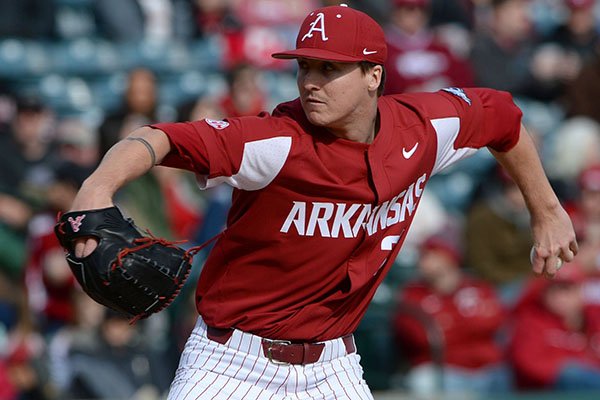 Arkansas starter Patrick Wicklander delivers to the plate Saturday, Feb. 15, 2020, against Eastern Illinois during the second inning at Baum-Walker Stadium in Fayetteville. 