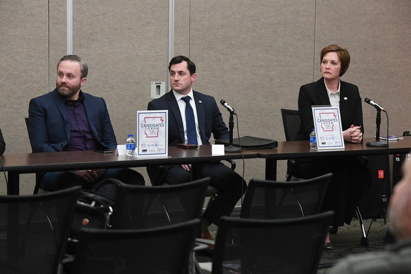 Candidates for District 90 Chris Latimer (from left) Kendon Umnderwood and Jana Della Rosa participate Thursday in a candidates forum hosted by the Rogers/Lowell Chamber of Commerce at Northwest Arkansas Community College in Bentonville. (NWA Democrat-Gazette/J.T. Wampler)