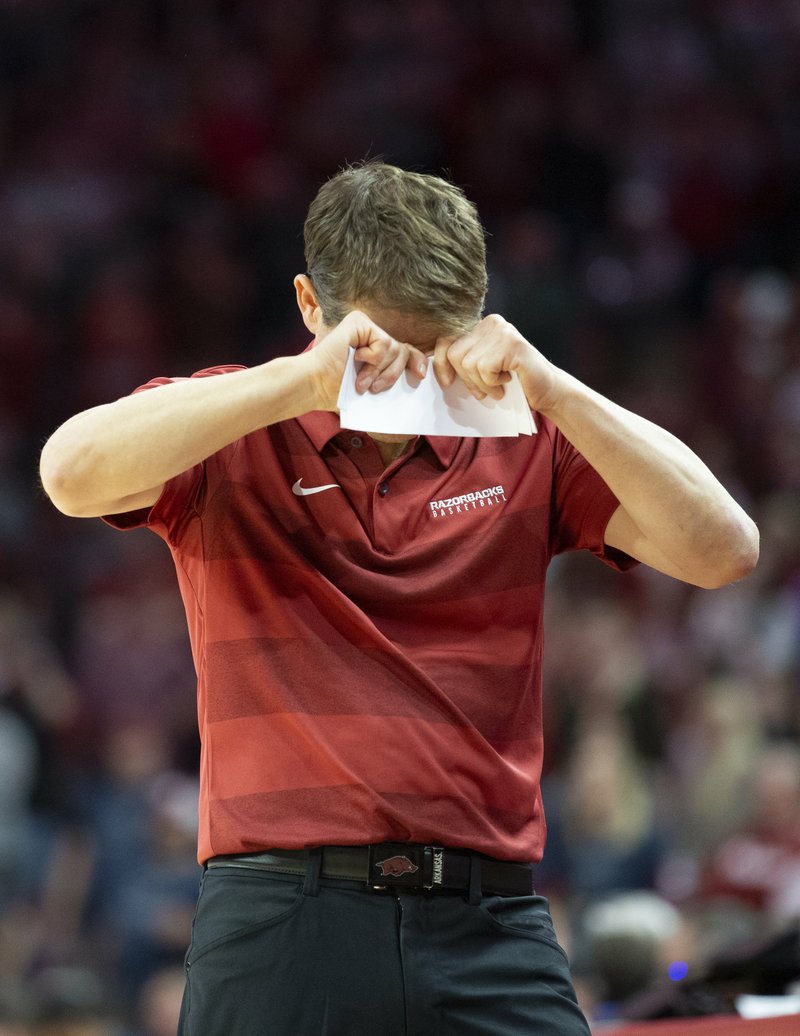 University of Arkansas men's head basketball coach Eric Musselman didn't like a play by his team against Mississippi State at Bud Walton Arena on Friday. - Photo by David Beach for the NWA Democrat Gazette
