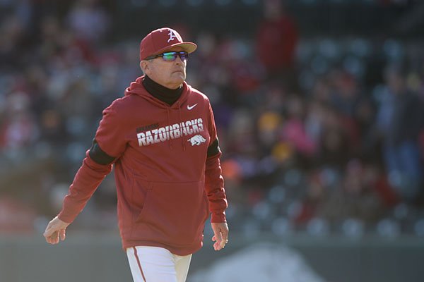 Arkansas coach Dave Van Horn walks toward the dugout during a game against Eastern Illinois on Friday, Feb. 14, 2020, in Fayetteville. 