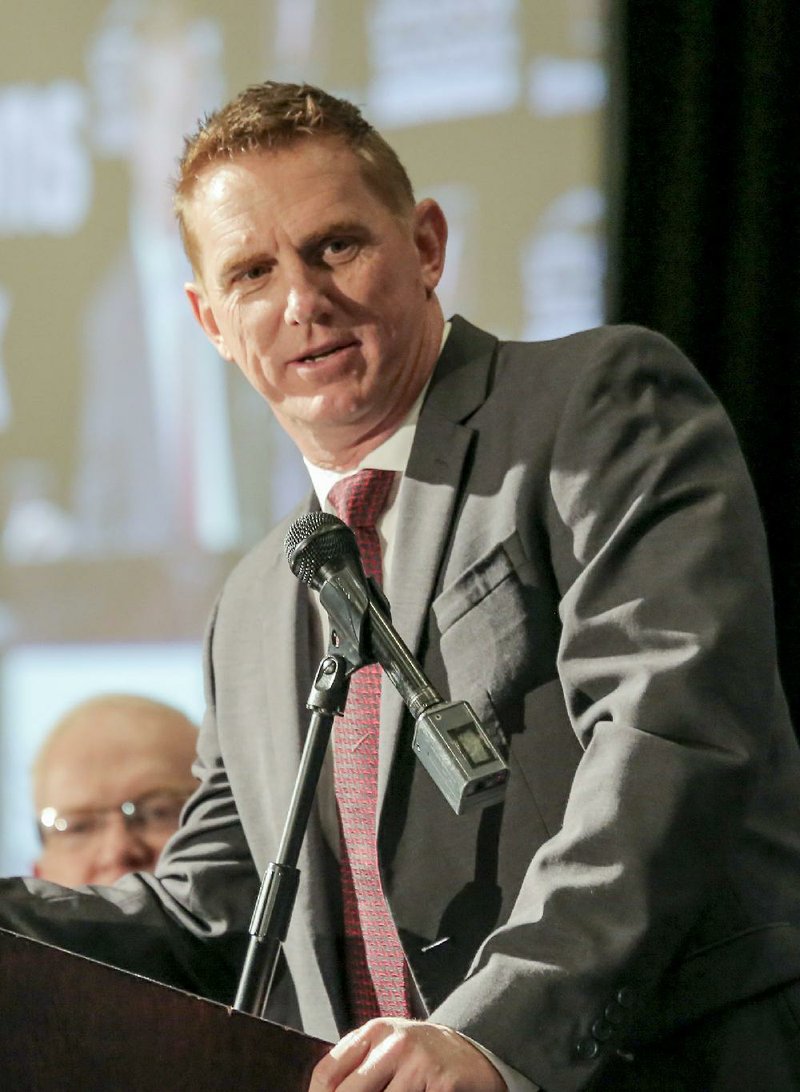 Arkansas State football coach Blake Anderson is shown speaking at the Little Rock Touchdown Club's meeting at the DoubleTree Hotel in Little Rock in this file photo.  
(Arkansas Democrat-Gazette/JOHN SYKES JR.)