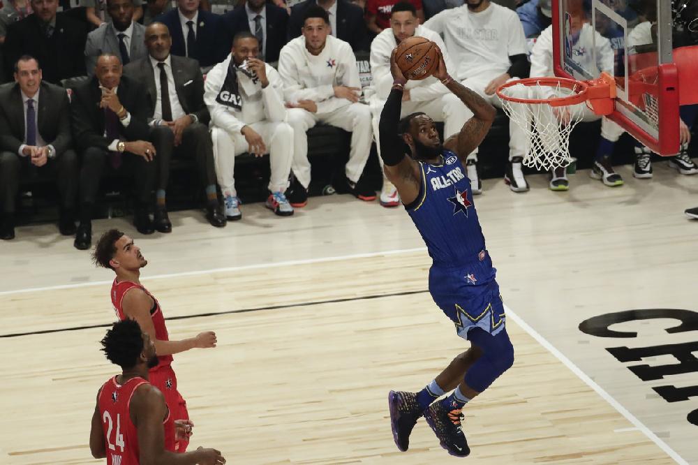 Giannis Antetokounmpo of Team Giannis blocks a shot attempt from LeBron  James of Team LeBron in the fourth quarter of the NBA All-Star Game on  Sunday, Feb. 16, 2020 at the United