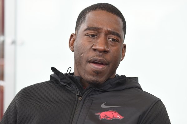 Jimmy Smith, an assistant coach with the University of Arkansas football team, speaks with members of the media Thursday, February 6, 2020, inside the Fred W. Smith Football Center on the campus in Fayetteville. Ten football assistants participated in the interview process. Check out nwaonline.com/200207Daily/ and nwadg.com/photos for a photo gallery.