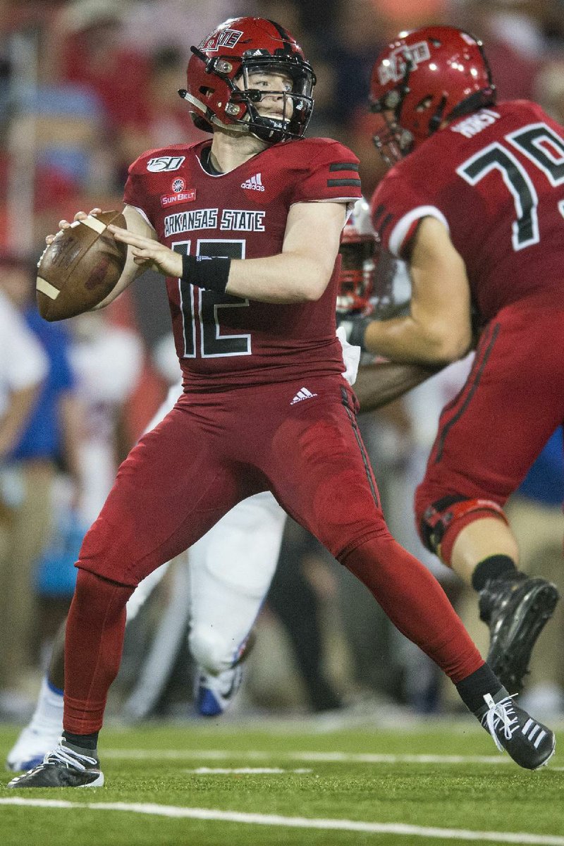 Logan Bonner threw 10 touchdown passes for Arkansas State in 2019 before injuring his thumb on his throwing hand, forcing him to miss the final nine games of the season. Bonner returned to practice Monday, and Red Wolves Coach Blake Anderson said he’ll share reps with Layne Hatcher during spring camp.
(Democrat-Gazette file photo)