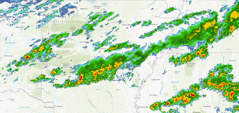 This National Weather Service graphic shows rainfall across portions Arkansas Tuesday. 