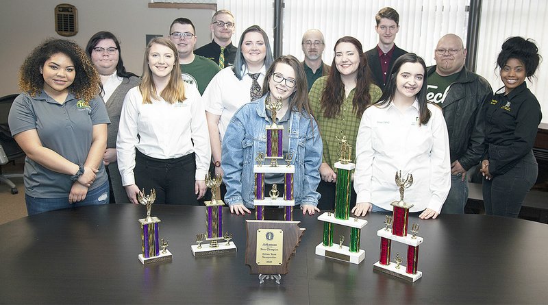 Photograph courtesy of Sam Strasner Fifteen Arkansas Tech University students traveled to the Southern Forensics Championship in Starkville, Miss., in late January and returned home to Russellville with what is believed to be ATU's first statewide championship in debate. Students on the team include, front, from left: Kiara Bradford of Conway, Kiley West of Pea Ridge, Raegan English of Dardanelle, Chloee Oxford of Siloam Springs; middle, from left: Hannah Wyatt of Fort Smith, Brayden Downum of Springdale, Sarah Pollock of Rogers, Scottie Lawrence of Russellville, Gaje Faulkner of Dardanelle, Constance Smith of Little Rock (graduate assistant); and back, from left: Jerry Schoe of Eureka Springs, Dr. Gabriel Adkins (director of ATU debate and forensics) and Stephen Baker of Russellville. Not photographed: Nihal Anwar of Russellville, Rebekah Hughes of Forrest City and Ethan Taylor of Beebe.