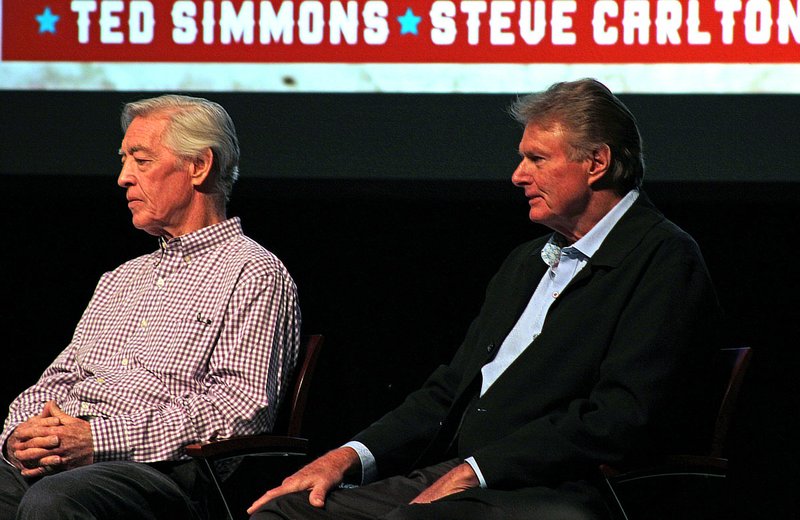 Major League Baseball retirees Ted Simmons, left, and Steve Carlton sit in on a panel discussion at the second annual Baseball Weekend in 2019. - File photo by The Sentinel-Record