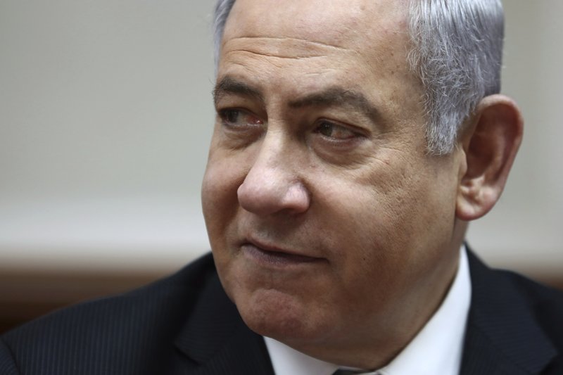 Israeli Prime Minister Benjamin Netanyahu chairs the weekly cabinet meeting, in Jerusalem, Sunday, Feb. 16, 2020. (Gali Tibbon/Pool via AP)