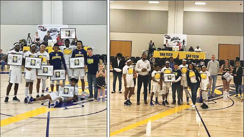 Sophomore Rockets, Lady Rockets honored at last home game
Dr. Morrison gives SAU Tech sophomores a memento before the start the last home game of the season. Recognized in the photo on the left is Jerome Bynum, Willie Gilbert, Milan Lester, Malik Miller, Jaland Mitchell, Sheldon Stevens, Immanuel Anderson, Morrison and Brennan Morrison. Recognized In the photo on the right are Lady Rockets Devena Smith, Mascot, Exzaviaun Monk, and cheerleaders, Halle Posey, and Katie Hughey. story.lead_photo.caption