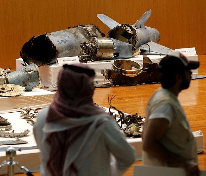 Pieces of a cruise missile and drones used in attacks on Saudi Arabian oil facilities are displayed by the Saudi military on Sept. 18 in Riyadh. Small instruments in the drones have reportedly been tied to drones manufactured in Iran.
(AP file photo)