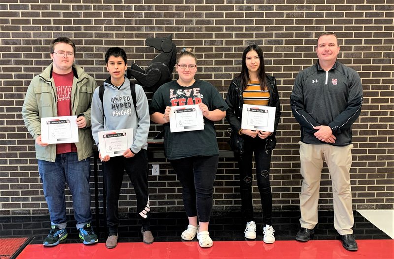 Photo Submitted McDonald County High School students chosen for the week of Jan. 20 through 24 are Ryan Davidson (left), freshman; Bryan Montero, sophomore; Melissa Gardner, junior; and Alondra Nava, senior, with Mr. Gordon.