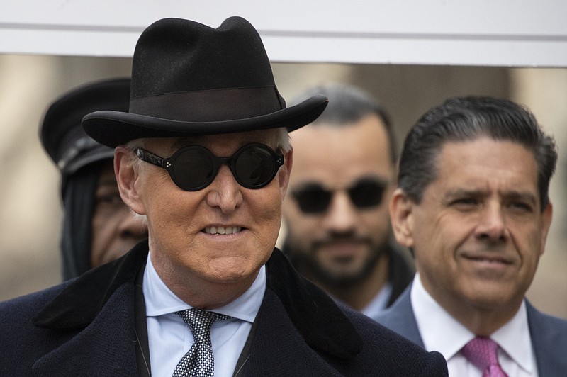 Roger Stone arrives for his sentencing at federal court in Washington in this Thursday, Feb. 20, 2020, file photo. Stone is a staunch ally of President Donald Trump. He faced sentencing on his convictions for witness tampering and lying to Congress. (AP Photo/Manuel Balce Ceneta)