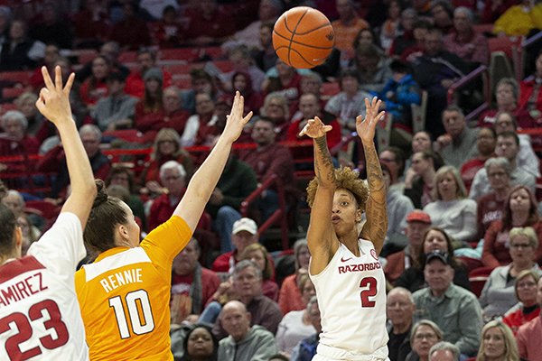 Arkansas guard Alexis Tolefree (2) shoots during a game against Tennessee on Thursday, Feb. 20, 2020, in Fayetteville. 