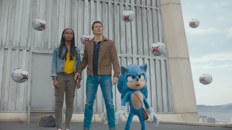 Tika Sumpter (left) and James Marsden star with the computer animated Sonic (voice of Ben Schwartz) in Paramount Pictures and Sega’s Sonic the Hedgehog. The film premiered in first place and made about $57 million.