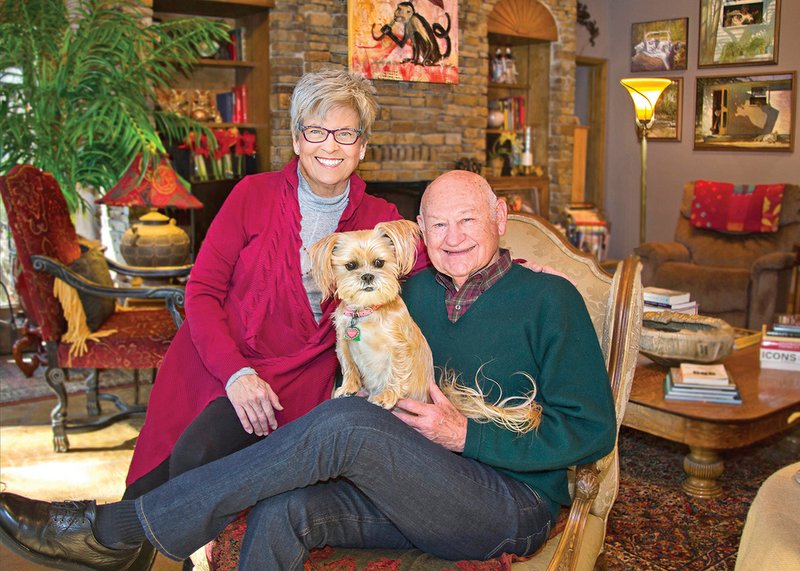 Maysel and Dr. Stanley Teeter, who are to be honored Friday with the Lifetime Achievement Award by the River Valley Arts Center at the 13th annual Beaux Arts Academy Awards Ceremony, are shown with one of their rescue dogs, Sugar, a Lhasa apso.