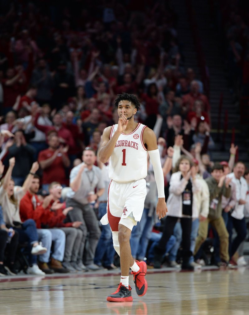 Arkansas guard Isaiah Joe celebrates Saturday after hitting a 3-point basket during the second half to seal the Hogs' 78-68 win over Missouri in Bud Walton Arena in Fayetteville. - Photo by Andy Shupe of NWA Democrat-Gazette