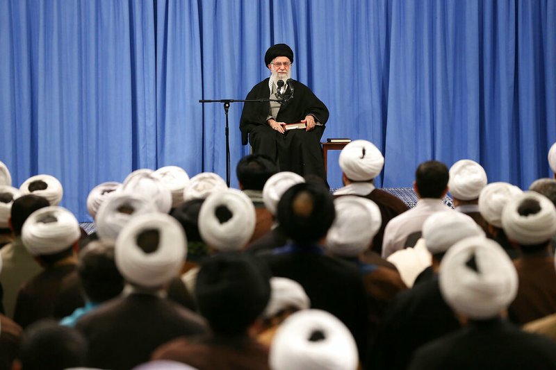 Supreme Leader Ayatollah Ali Khamenei speaks in a meeting in Tehran, Iran, on Sunday, Feb. 23, 2020. Officials in Iran haven't announced the full results from parliamentary elections last week, but on Sunday the country's supreme leader accused enemy "propaganda" of trying to dissuade people from voting by amplifying the threat of the coronavirus.