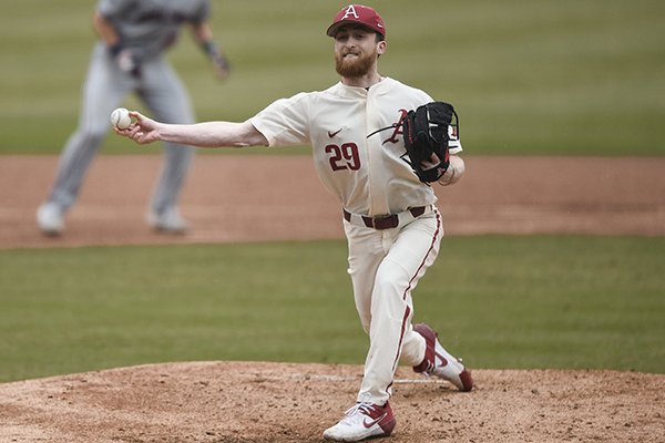 Arkansas pitcher Marshall Denton throws during a game against Gonzaga on Sunday, Feb. 23, 2020, in Fayetteville.