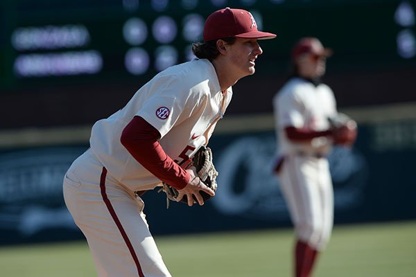 Arkansas third baseman Jacob Nesbit is shown during a game against Gonzaga on Thursday, Feb. 20, 2020, in Fayetteville. Arkansas third baseman Jacob Nesbit is shown during a game against Gonzaga on Thursday, Feb. 20, 2020, in Fayetteville.