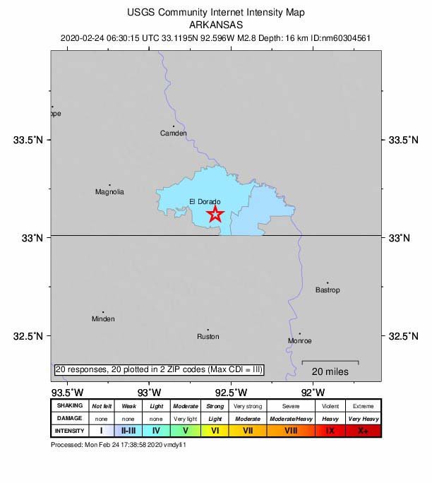 An intensity map of the 2.8 magnitude earthquake from early Monday. The earthquake hit around 12:30 a.m. and had little to no shaking.       Image via the USGS