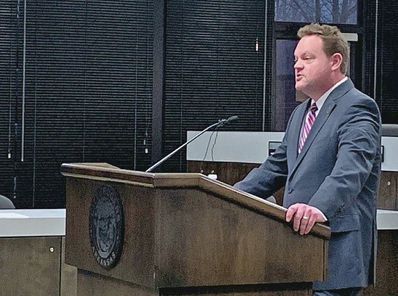 Rogers Mayor Greg Hines gives the annual state of the city address Tuesday at City Hall. (NWA Democrat-Gazette/Alex Golden)