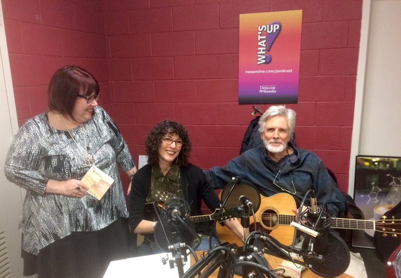 Becca Martin-Brown (from left), features editor for the Northwest Arkansas Democrat-Gazette, Susan Shore and Michael Cockram from the Barbaloots Wednesday, Feb. 27, 2020 at the newspaper podcast studio in Fayetteville. The group is releasing their first album, “Possum Came to Town,” 2 p.m. March 1 at the Fayetteville Public Library.
